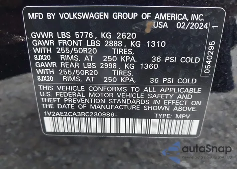 2024 Volkswagen Atlas Cross Sport 2.0T Sel R-Line из США, поврежденный, VIN 1V2AE2CA3RC230986